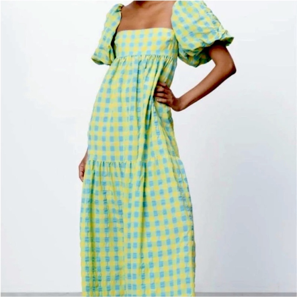 Zara Yellow and Light Blue Gingham Midi Dress